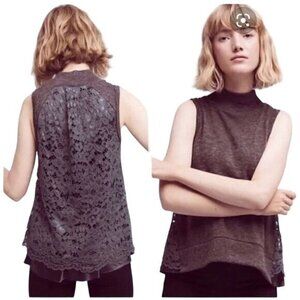 Anthro Moth Womens Ella Mock Neck Lace Back Tank Size Small Gray Green Sweater